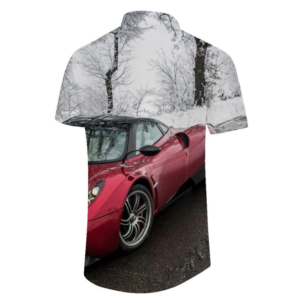 
Cool red sports car print pattern fashionable men's casual loose short-sleeved shirt button-down lapel top
                