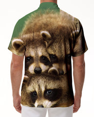 Furry cute animal raccoon short sleeve summer button-down summer vacation beach casual men's Hawaiian shirt