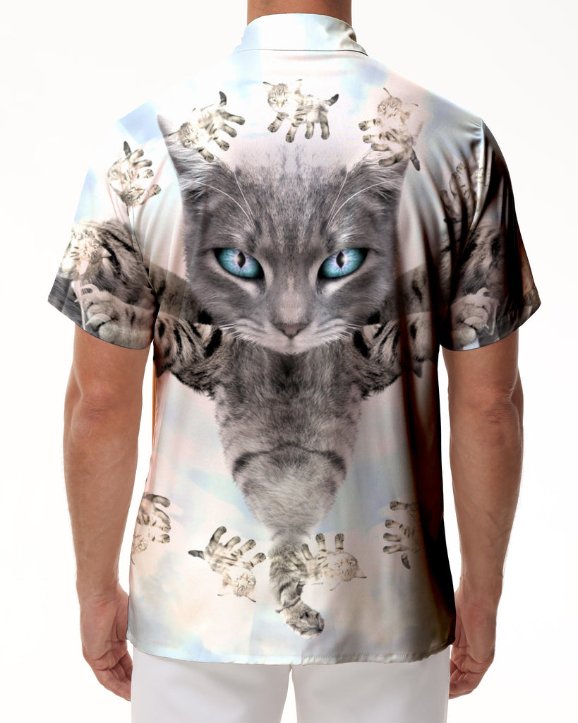 
Trendy Hawaiian cute cat pet pattern button down shirt for vacation, casual short sleeve men's loose beach vacation shirt
                