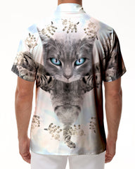 Trendy Hawaiian cute cat pet pattern button down shirt for vacation, casual short sleeve men's loose beach vacation shirt