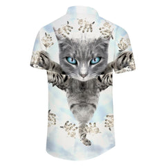 Trendy Hawaiian cute cat pet pattern button down shirt for vacation, casual short sleeve men's loose beach vacation shirt