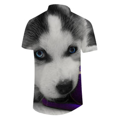 Cool and fashionable animal husky cub 3d digital printing pattern men's casual loose vacation seaside short-sleeved shirt beach party