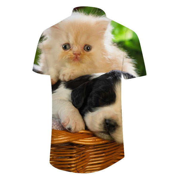 
Cat and puppy pattern men's summer tropical regular fit button-down lapel Hawaiian fashion street casual loose short sleeve shirt
                