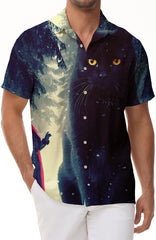 Huge black cat print men's Hawaiian shirt short sleeve button down shirt top suitable for casual vacation beach