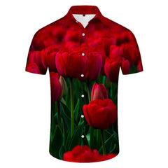 Red tulip flower print pattern tropical fashion Hawaiian men's button down lapel short sleeve button casual summer beach shirt