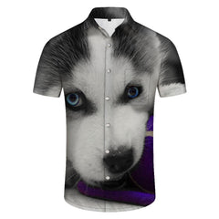 Cool and fashionable animal husky cub 3d digital printing pattern men's casual loose vacation seaside short-sleeved shirt beach party