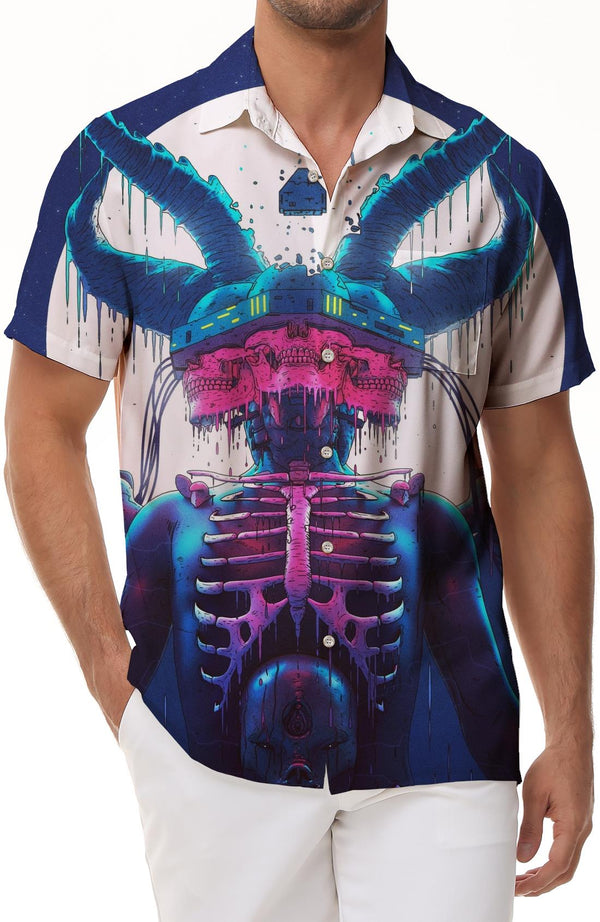 Artistic Personalized Abstract Hawaiian Skull Tropical Short Sleeve Button-Up Beach Shirt Vacation Seaside