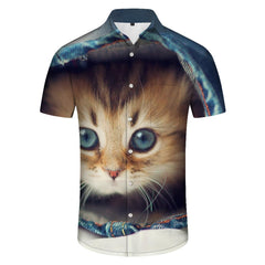 Kitten cute cat men's loose daily simple outdoor travel tropical Hawaiian shirt print summer beach casual short sleeve button tie