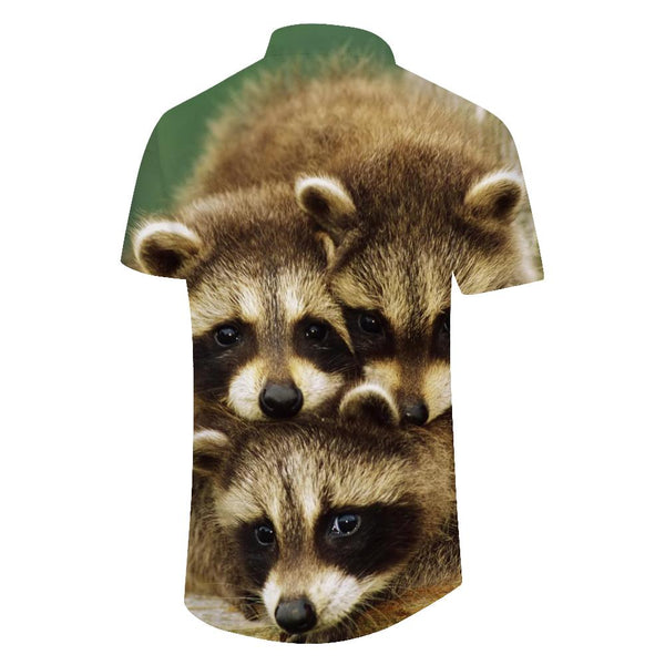 
Furry cute animal raccoon short sleeve summer button-down summer vacation beach casual men's Hawaiian shirt
                