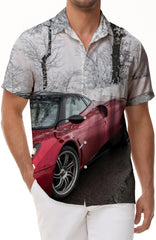 Cool red sports car print pattern fashionable men's casual loose short-sleeved shirt button-down lapel top
