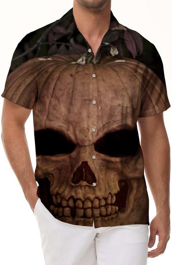 Halloween Men's Lapel Shirt Pumpkin Skull Print Button Shirt Casual Hawaiian Top