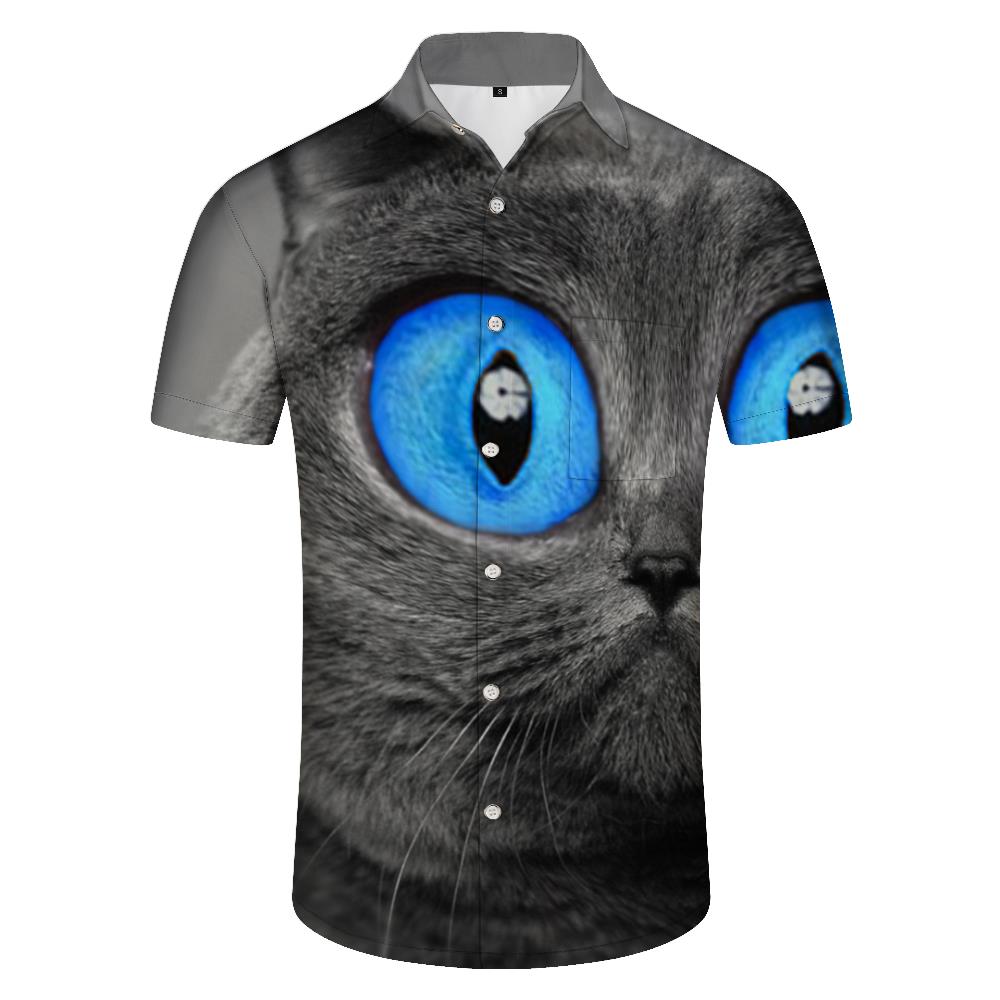 
Funny big eyes cat casual loose street outdoor travel men's Hawaiian shirt animal short sleeve button-down lapel shirt short sleeve
                