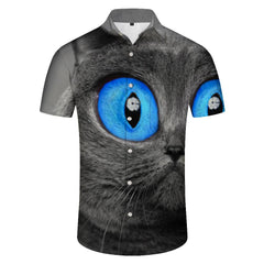 Funny big eyes cat casual loose street outdoor travel men's Hawaiian shirt animal short sleeve button-down lapel shirt short sleeve