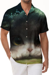 Huge cute kitten print pattern button-down lapel pockets fashionable men's casual loose button-down lapel short-sleeved shirt top