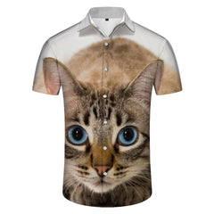 Men's Casual Button Short Sleeve Tropical 3D Digital Print Animal Cat Pattern Shirt Beach Top Hawaiian Shirt
