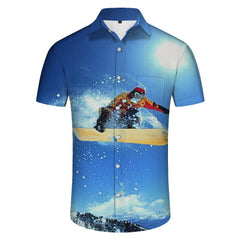 Exciting Snowboard Pattern Fashion Cool Print Hawaiian Shirt Men's Summer Beach Casual Short Sleeve Shirt Button Closure