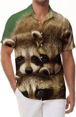 Furry cute animal raccoon short sleeve summer button-down summer vacation beach casual men's Hawaiian shirt