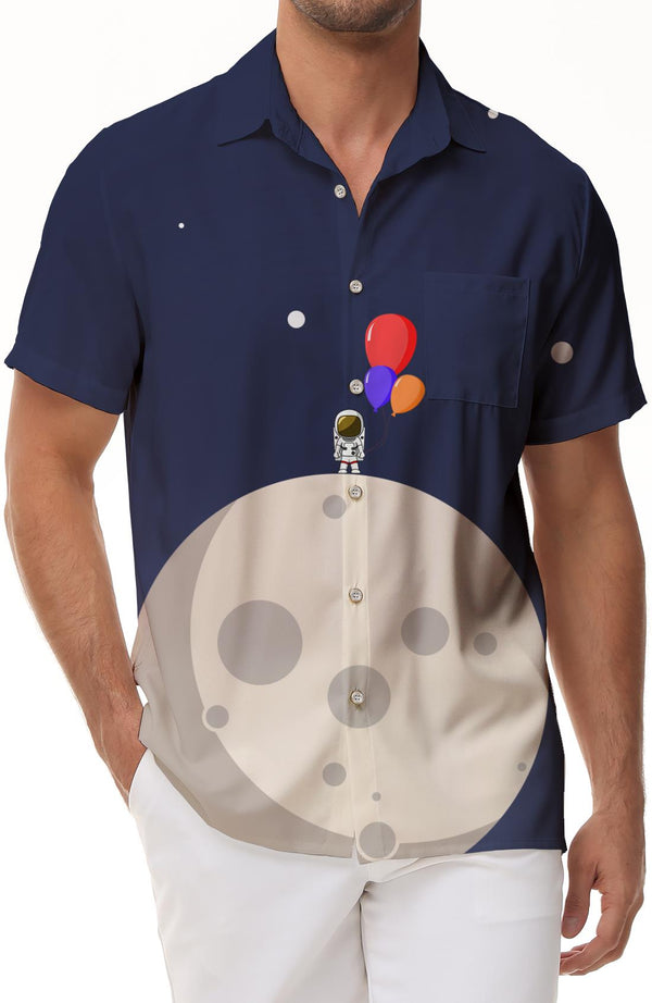 Astronaut on Mission in Outer Space Men's Hawaiian Shirt Short Sleeved Casual Shirts Beach Summer Party