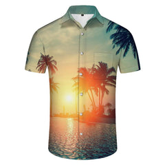 Sunset coconut tree 3d digital print pattern Hawaiian tropical style men's casual loose short-sleeved top button-down lapel short-sleeved shirt