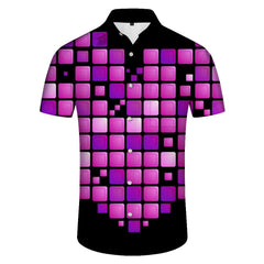 Men's Short Sleeve Summer Lapel Shirt Square Color Love Heart Print Shirt Casual Shirt Regular Fit Summer Shirt