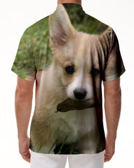 Cute Corgi Printed Pattern Men's Simple Shirt Casual Button Short Sleeve Summer Beach Shirt Vacation Shirt