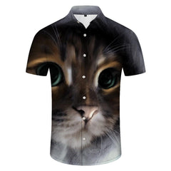 Funny Men's Animal Cat Print Short Sleeve 3D Art Print Short Sleeve Fashion Lapel Shirt Party Tops Summer Casual Clothing