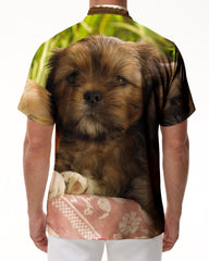 Brown Shih Tzu Puppy Mens Casual Loose Tropical Vacation Beach Button Lapel Hawaiian Short Sleeve Shirt