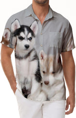 Cool Husky Print Men's Tropical Hawaiian Lapel Button-Down Short Sleeve Summer Classic Casual Regular Fit Shirt