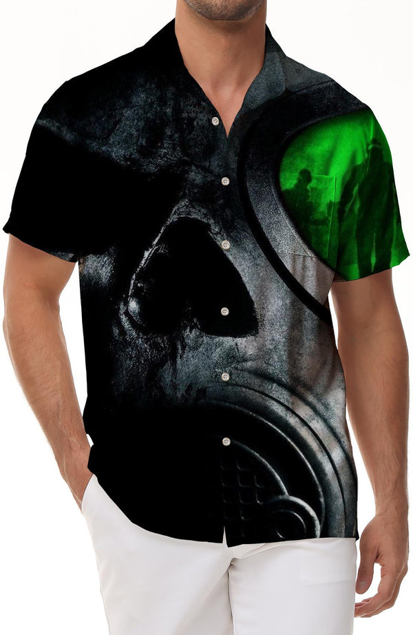 Gray Skull Print Men's Hawaiian Shirt Short Sleeve Button-Up Beach Casual Shirt with Pockets
