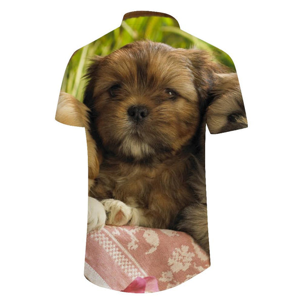 
Brown Shih Tzu Puppy Mens Casual Loose Tropical Vacation Beach Button Lapel Hawaiian Short Sleeve Shirt
                