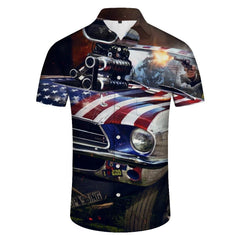 American Flag Car Battle Men's Casual Short Sleeve Shirt Short Sleeve Hawaiian Button Digital Printing Rich Pattern