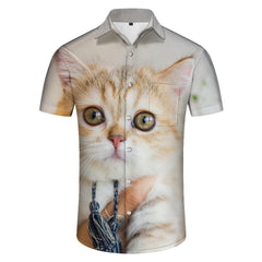 Funny Kitten Animal Cat Mens Hawaiian Shirt Short Sleeve Button Shirt Tops For Casual Beach Vacation