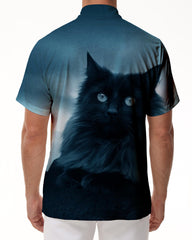 Domineering black cat Hawaiian button-down lapel 3d digital printing button-down Hawaiian shirt men's short sleeve beach party
