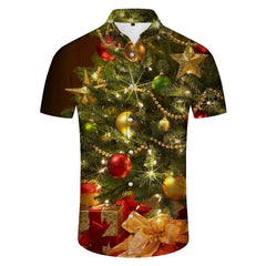 Green exquisite Christmas tree and gift pattern fashionable loose casual short-sleeved shirt tropical summer vacation beach shirt short sleeve