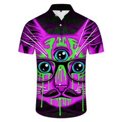 Purple three-eyed cat 3d printing Hawaiian style breathable men's casual loose shirt summer shirt men's hip-hop popular men's retro short sleeve
