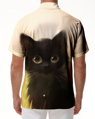 Black Cat Men's Vintage Shirt Animal Cat Print Short Sleeve Shirt Summer Regular Button Casual Beach Shirt Tops
