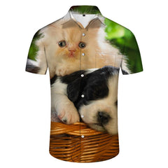 Cat and puppy pattern men's summer tropical regular fit button-down lapel Hawaiian fashion street casual loose short sleeve shirt