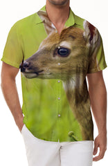 Nature Fawn Animal Print Men's Hawaiian Shirt Button-Down Casual Short Sleeve Shirt Outfit Perfect for Summer Beach Tropical Vacation