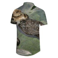Animal cute brown otter print retro style collar short sleeve shirt tropical Hawaiian fashion button down pocket lapel shirt