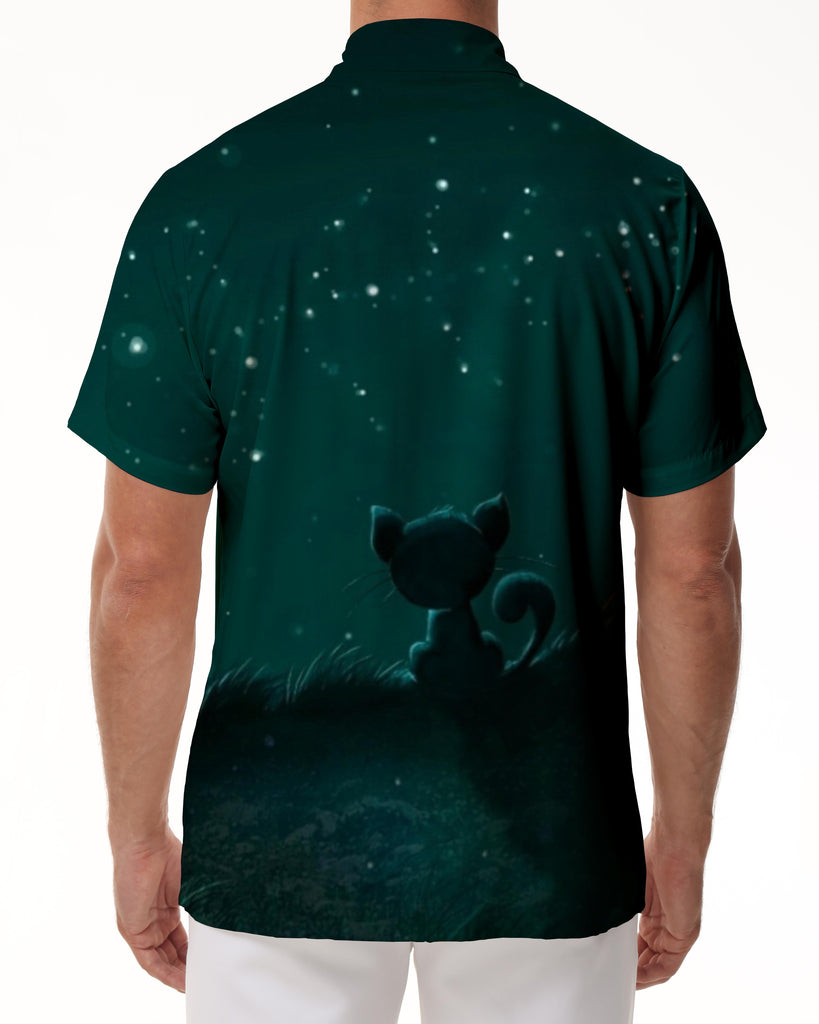 
Green starry sky animal cat men's casual loose tropical Hawaiian button-down lapel simple street style short-sleeved shirt
                