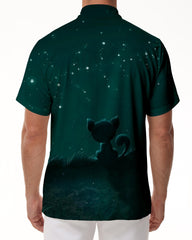 Green starry sky animal cat men's casual loose tropical Hawaiian button-down lapel simple street style short-sleeved shirt