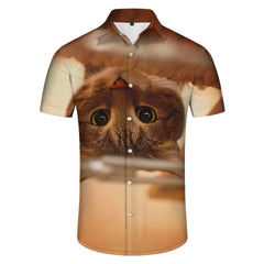 Cat Print Men's Short Sleeve Hawaiian Shirt Casual Button-Up Vacation Beach Party Shirt with Funky Animal Print
