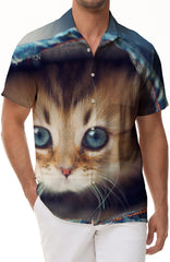 Kitten cute cat men's loose daily simple outdoor travel tropical Hawaiian shirt print summer beach casual short sleeve button tie