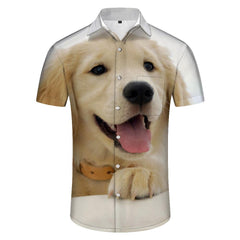 Summer Golden Retriever Puppy Animal Digital Print Pattern Men's Casual Short Sleeve Button Shirt Loose Beach Short Sleeve Shirt Tops