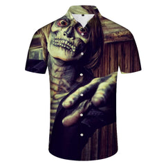 Horror Skeleton Man Men's Party Halloween Print Shirt Short Sleeve Lapel Shirt Clothing Men's Shirt Button Festival Halloween Costume