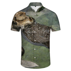 Animal cute brown otter print retro style collar short sleeve shirt tropical Hawaiian fashion button down pocket lapel shirt