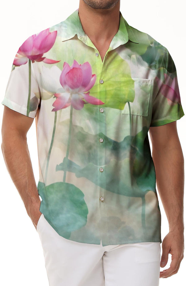 Artistic Watercolor Lotus Hawaiian Shirt Lapel Pocket Button Short Sleeve Men's Tops