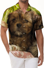 Brown Shih Tzu Puppy Mens Casual Loose Tropical Vacation Beach Button Lapel Hawaiian Short Sleeve Shirt