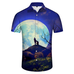 Full Moon Wolf Cub Howling Cool Casual Hawaiian Button Men's Shirt Short Sleeve Beach Vacation Mixed Color