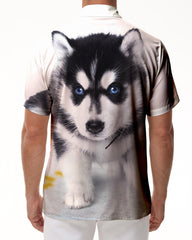 Husky Print Hawaiian Casual Button-Down Lapel Loose Beach Shirt Regular Size